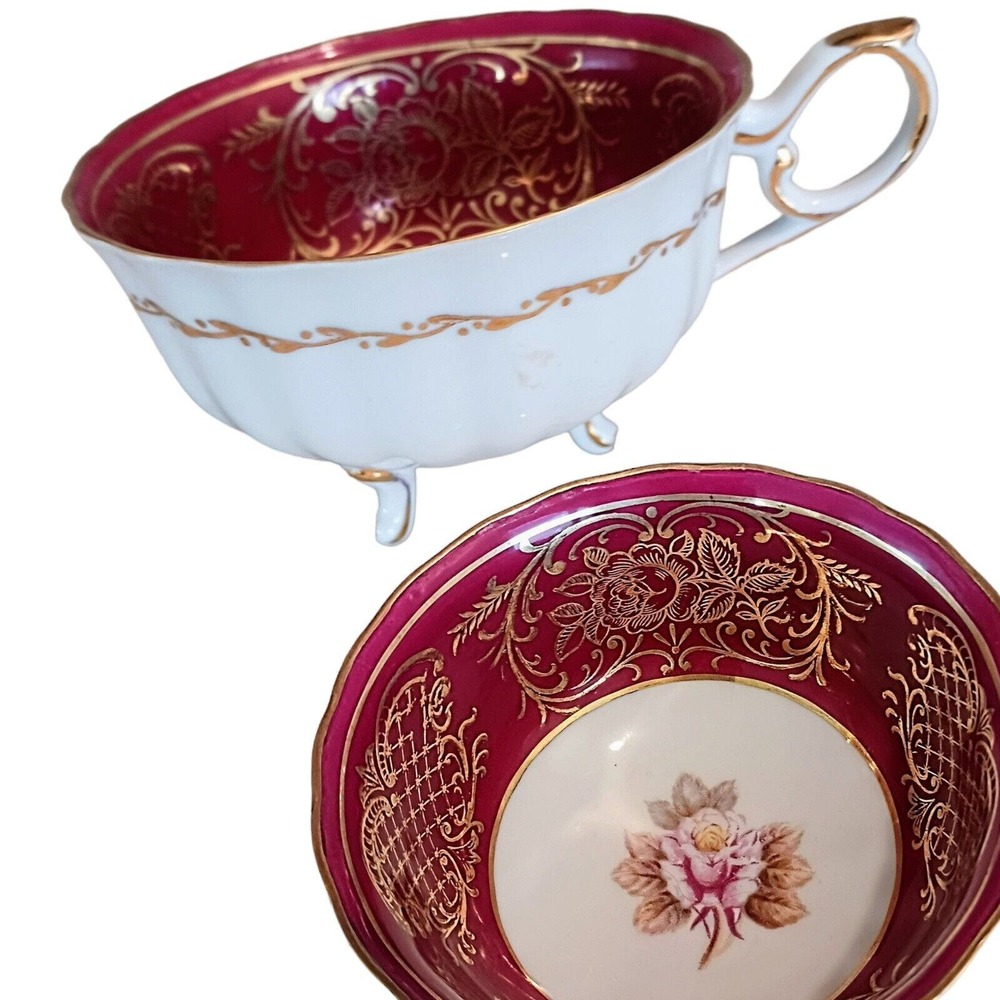 Antique‎ Shafford Japan TEACUP w 3 feet Footed Red 24k Gold Gilding Hand Painted